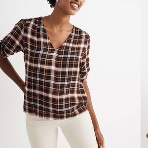 🍁 Madewell Plaid Cinch-Sleeve Top | Size M | Gwen Plaid in Faded Rust NWT